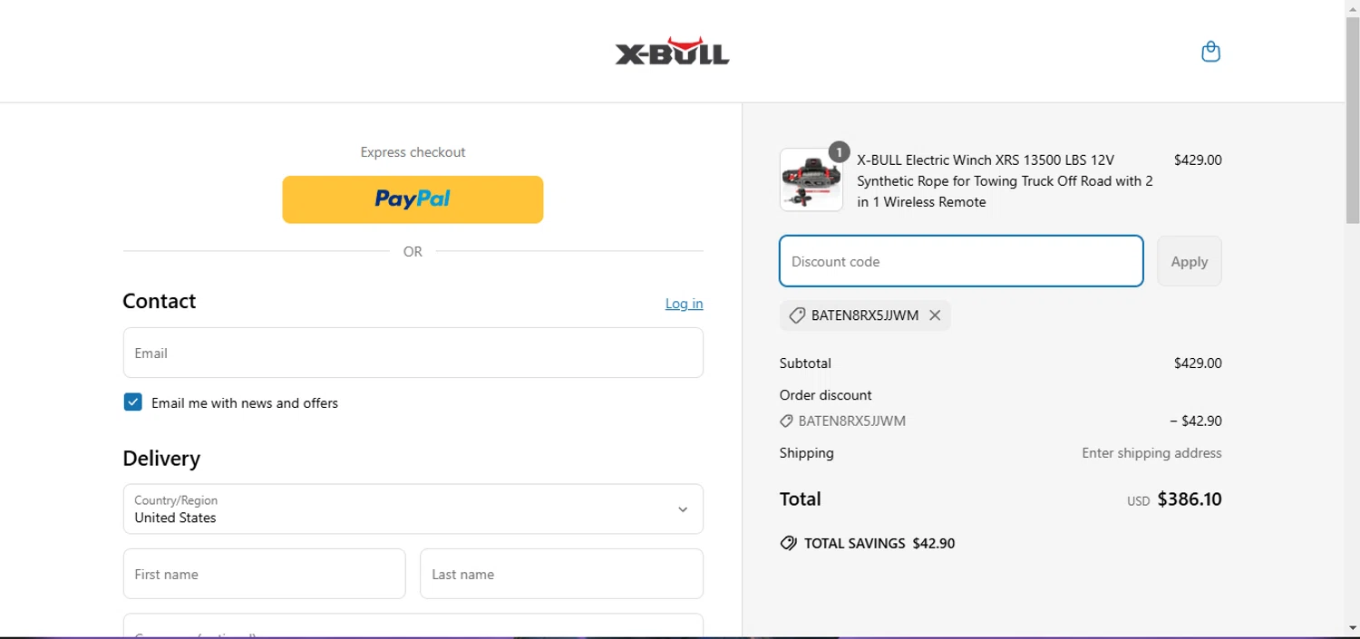 X-Bull promo code screenshot showing code BATEN8RX5JJWM applied at X-Bull checkout page. Uploaded by SimplyCodes community member BudgetSage1378 on Mar 19, 2025