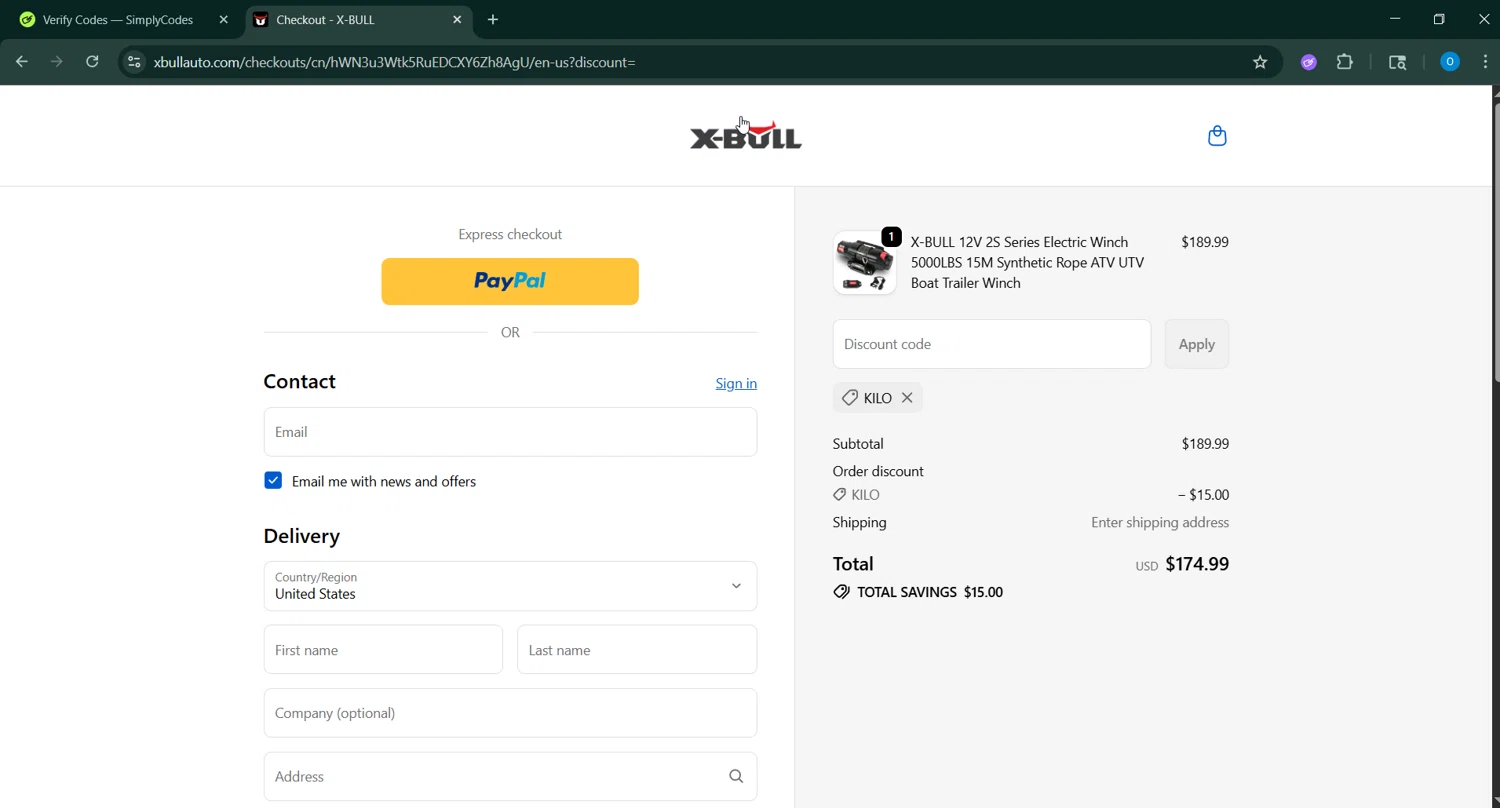 X-Bull promo code screenshot showing code KILO applied at X-Bull checkout page. Uploaded by SimplyCodes community member _____________ on Oct 9, 2025