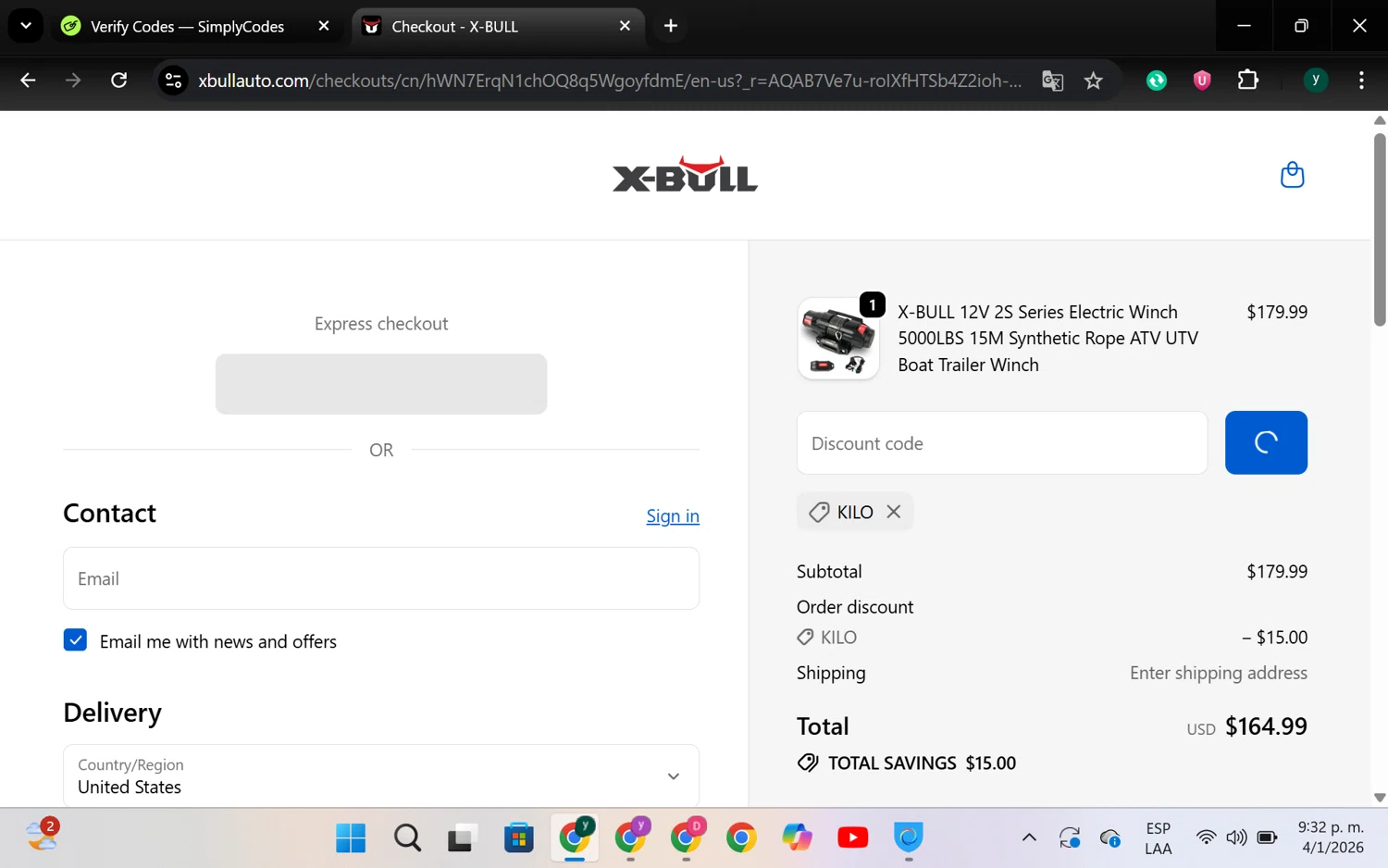 X-Bull checkout page showing X-Bull promo code box | Screenshot taken by SimplyCodes community member on Jan 5, 2026