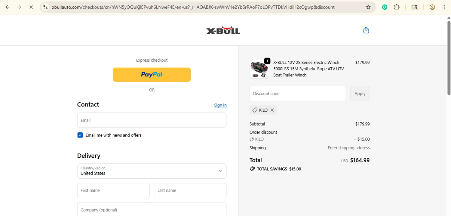 X-Bull promo code screenshot showing code KILO applied at X-Bull checkout page. Uploaded by SimplyCodes community member giselmarstephanny on Dec 2, 2025