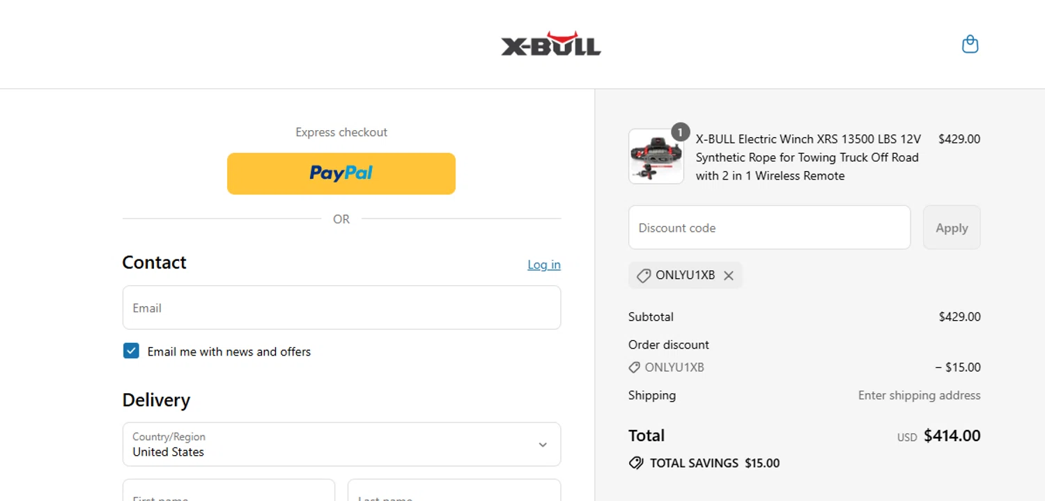 X-Bull promo code screenshot showing code ONLYU1XB applied at X-Bull checkout page. Uploaded by SimplyCodes community member ashe1986 on Aug 14, 2025