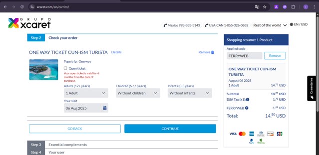 Xcaret.com checkout page showing Xcaret.com promo code box | Screenshot taken by SimplyCodes community member on Aug 5, 2025