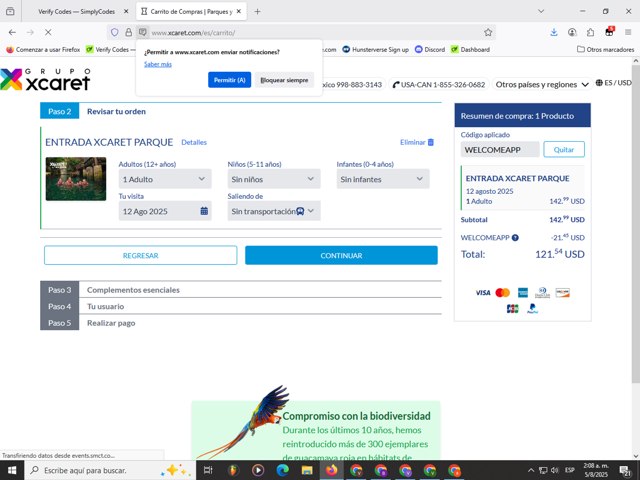 Xcaret.com checkout page showing Xcaret.com promo code box | Screenshot taken by SimplyCodes community member on Aug 5, 2025