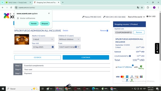 Xcaret.com checkout page showing Xcaret.com promo code box | Screenshot taken by SimplyCodes community member on Sep 6, 2025