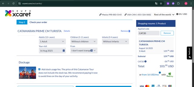 Xcaret.com checkout page showing Xcaret.com promo code box | Screenshot taken by SimplyCodes community member on Aug 15, 2025