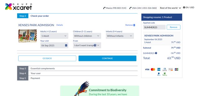 Xcaret.com checkout page showing Xcaret.com promo code box | Screenshot taken by SimplyCodes community member on Aug 30, 2025