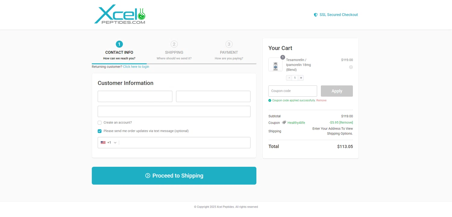 Xcel Peptides coupon code screenshot showing code healthy4life applied at Xcel Peptides checkout page. Uploaded by SimplyCodes community member DiscountWarden480 on Nov 21, 2025