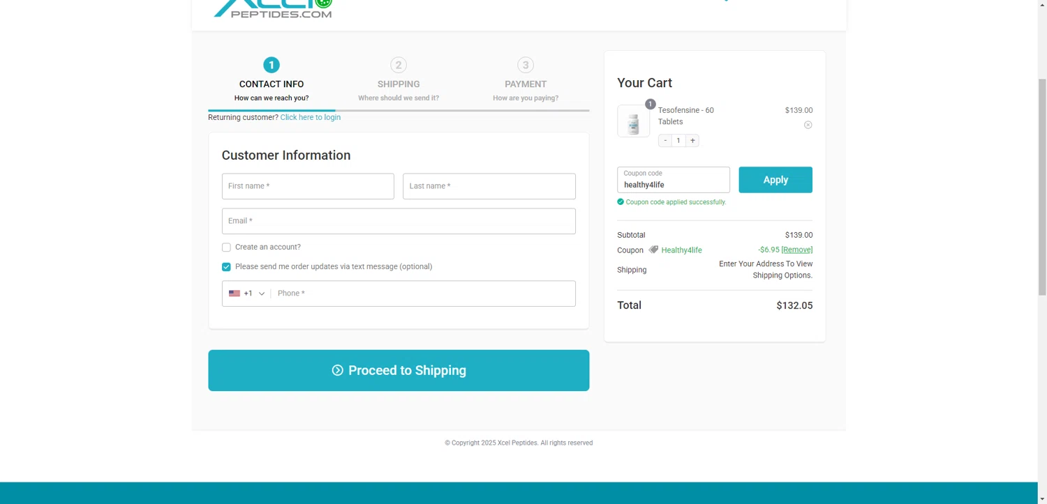 Xcel Peptides coupon code screenshot showing code healthy4life applied at Xcel Peptides checkout page. Uploaded by SimplyCodes community member RewardTitan728 on Jun 8, 2025