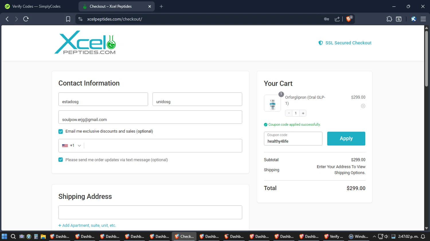 Xcel Peptides checkout page showing Xcel Peptides coupon code box | Screenshot taken by SimplyCodes community member on Jan 23, 2026