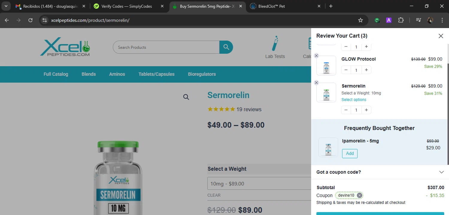 Xcel Peptides coupon code screenshot showing code devine10 applied at Xcel Peptides checkout page. Uploaded by SimplyCodes community member WiseLegend5590 on Dec 12, 2025