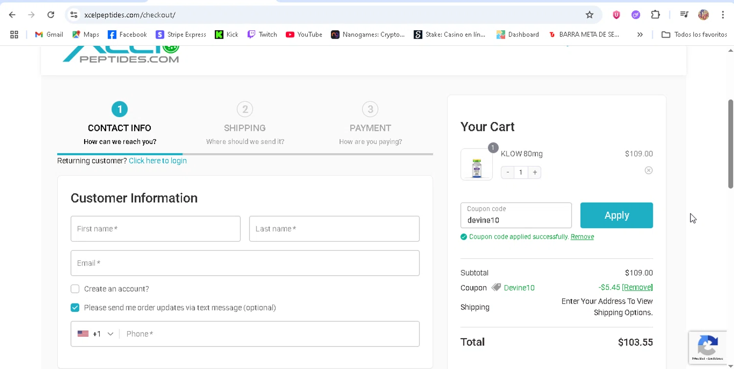 Xcel Peptides coupon code screenshot showing code devine10 applied at Xcel Peptides checkout page. Uploaded by SimplyCodes community member ronaldhernandez on Jul 10, 2025