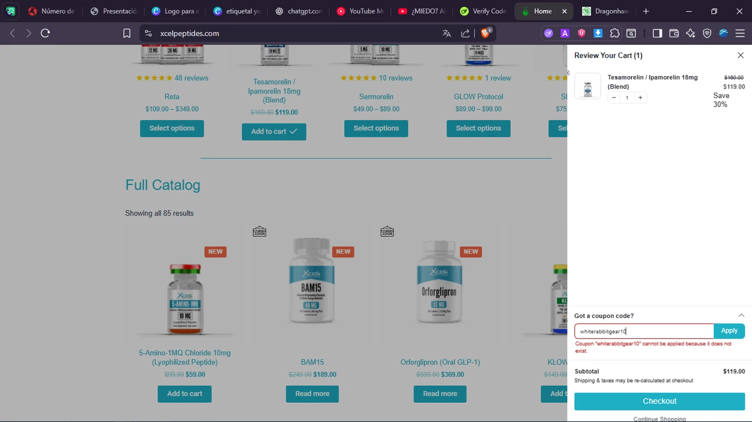 Xcel Peptides coupon code screenshot showing code whiterabbitgear10 applied at Xcel Peptides checkout page. Uploaded by SimplyCodes community member SavingsWhiz9509 on Jul 25, 2025