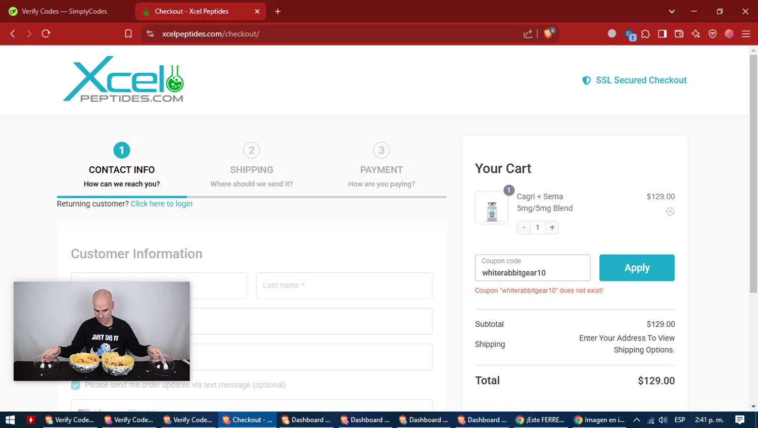 Xcel Peptides coupon code screenshot showing code whiterabbitgear10 applied at Xcel Peptides checkout page. Uploaded by SimplyCodes community member VictoriousCaptain7627 on Feb 23, 2025