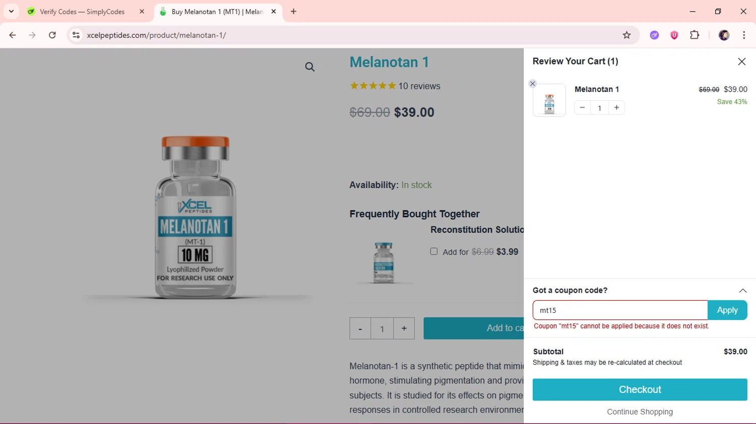 Xcel Peptides coupon code screenshot showing code mt15 applied at Xcel Peptides checkout page. Uploaded by SimplyCodes community member aSASAS on Jul 25, 2025