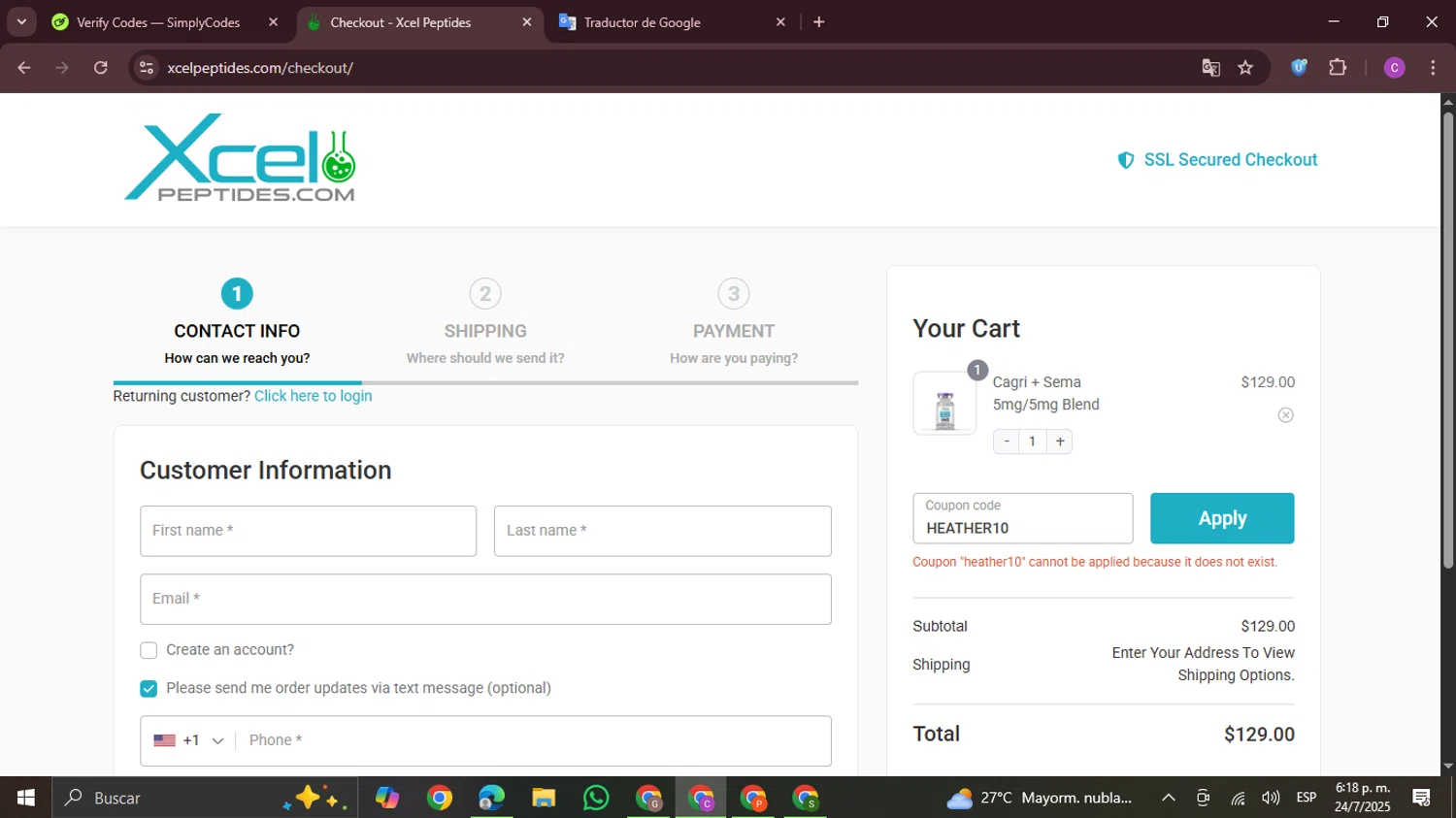 Xcel Peptides coupon code screenshot showing code HEATHER10 applied at Xcel Peptides checkout page. Uploaded by SimplyCodes community member FrugalPro5078 on Jul 24, 2025