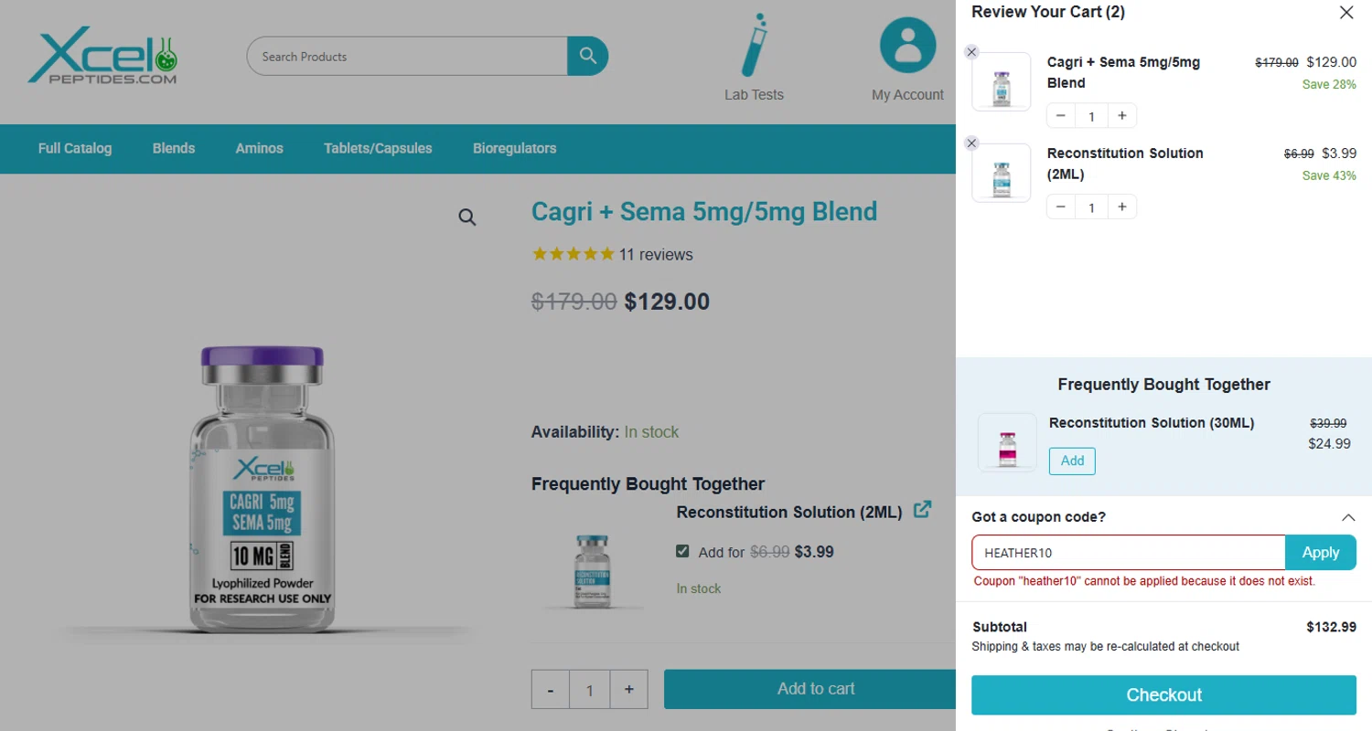 Xcel Peptides coupon code screenshot showing code HEATHER10 applied at Xcel Peptides checkout page. Uploaded by SimplyCodes community member lmarin10 on Jul 24, 2025