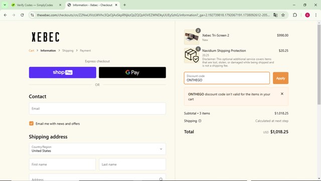Xebec checkout page showing Xebec discount code box | Screenshot taken by SimplyCodes community member on Jan 28, 2025
