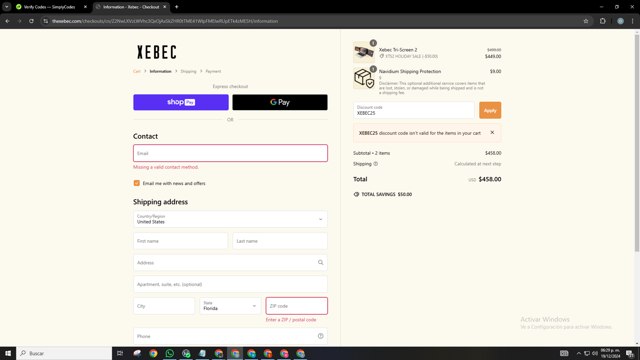 Xebec checkout page showing Xebec discount code box | Screenshot taken by SimplyCodes community member on Dec 19, 2024