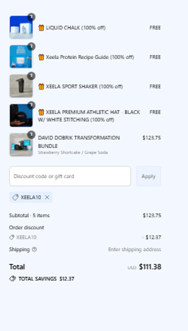 Xeela Fitness checkout page showing Xeela Fitness discount code box | Screenshot taken by SimplyCodes community member on Sep 12, 2025