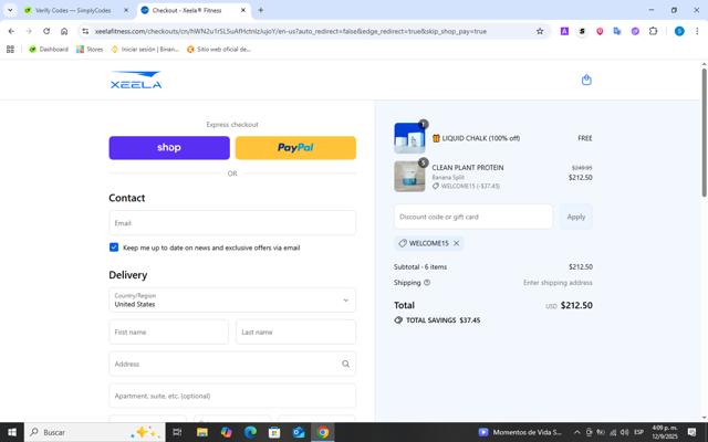 Xeela Fitness checkout page showing Xeela Fitness discount code box | Screenshot taken by SimplyCodes community member on Sep 12, 2025