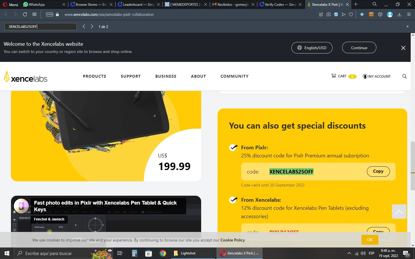Xencelabs checkout page showing Xencelabs promo code box | Screenshot taken by SimplyCodes community member on Sep 19, 2022