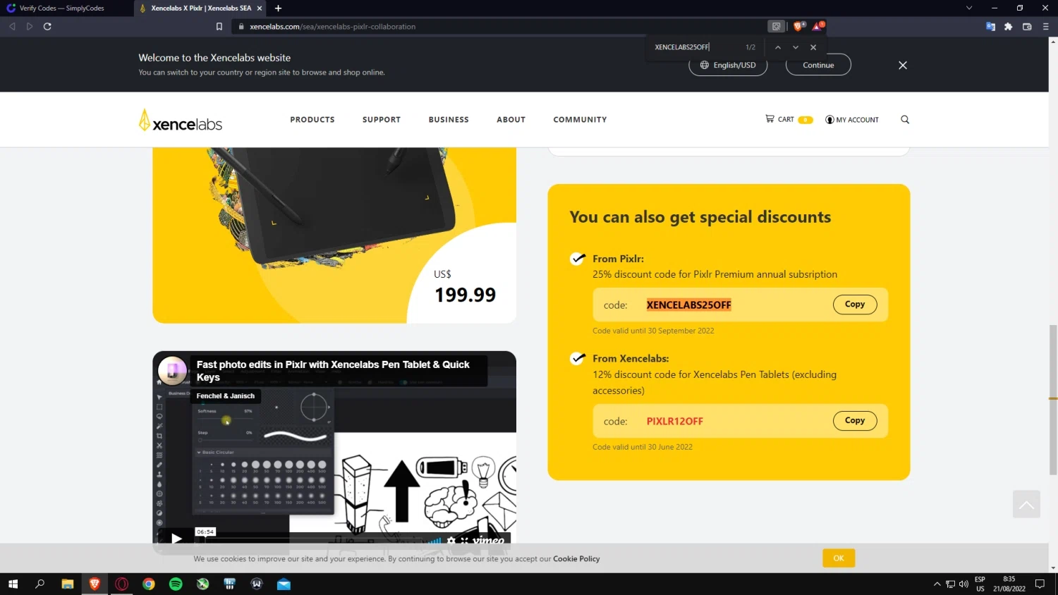Xencelabs checkout page showing Xencelabs promo code box | Screenshot taken by SimplyCodes community member on Aug 21, 2022