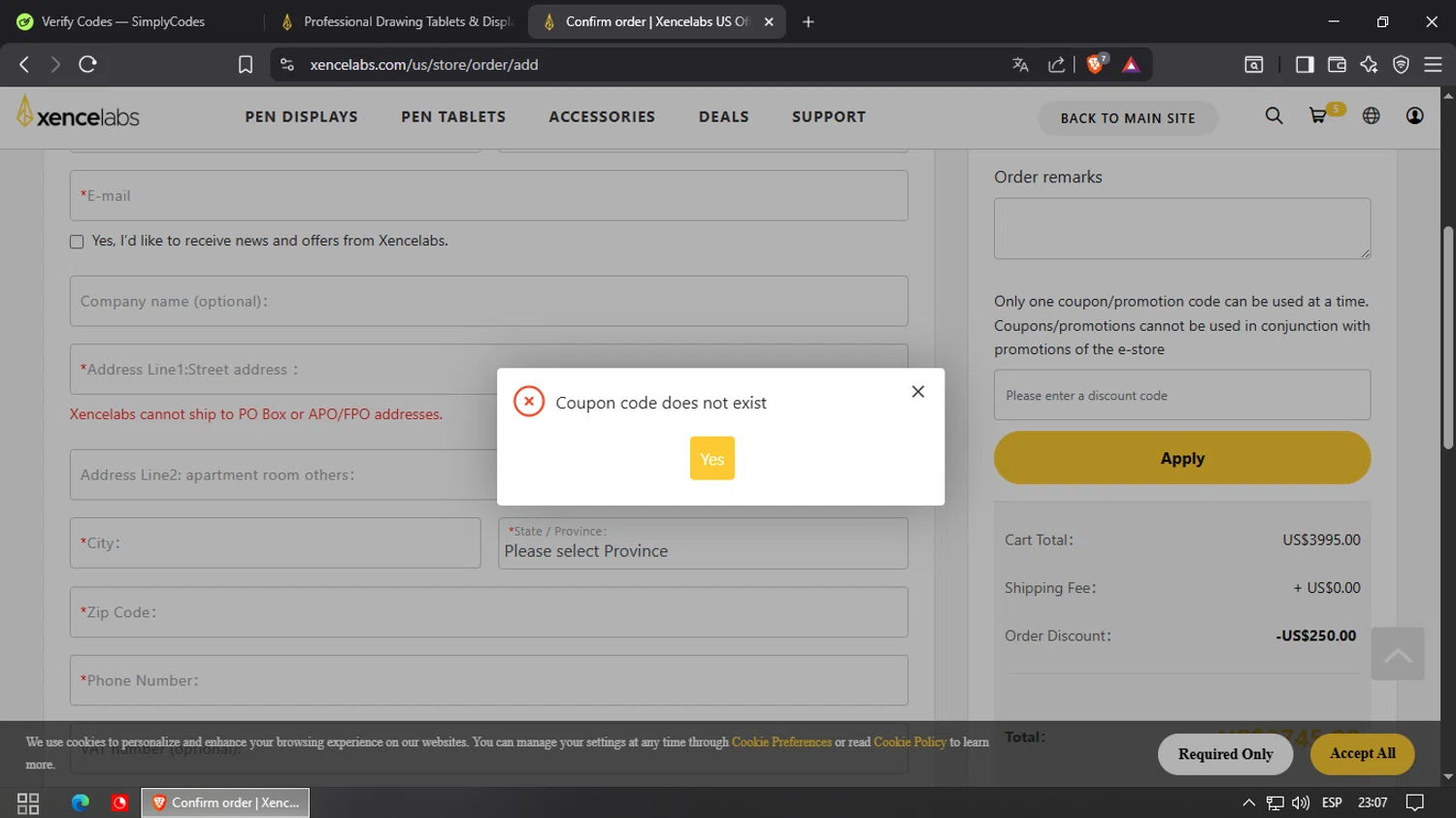 Xencelabs promo code screenshot showing code SALE20 applied at Xencelabs checkout page. Uploaded by SimplyCodes community member FortunateAce9452 on Nov 29, 2025
