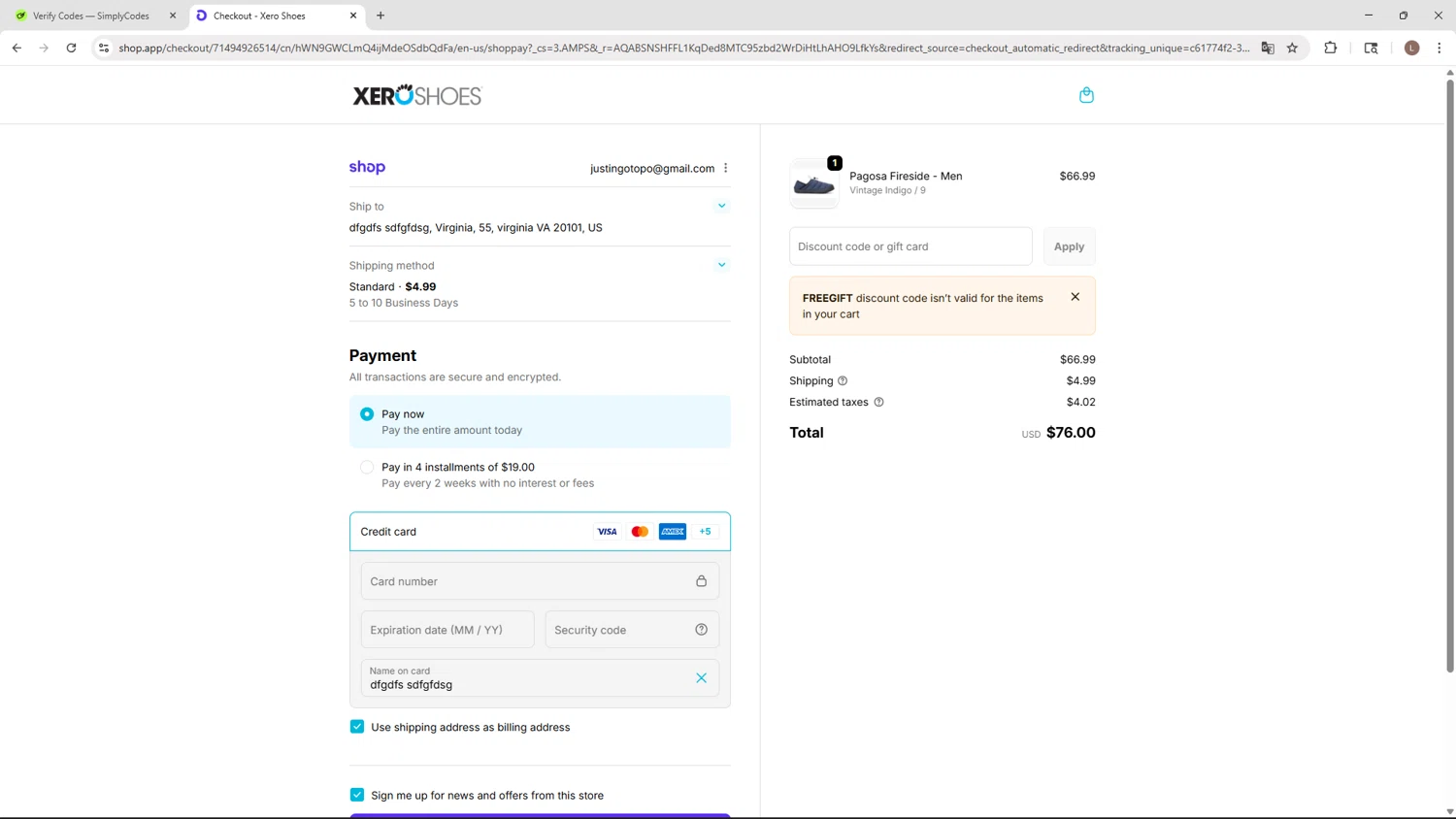 Xero Shoes promo code screenshot showing code freegift applied at Xero Shoes checkout page. Uploaded by SimplyCodes community member BENELLI on Feb 27, 2026