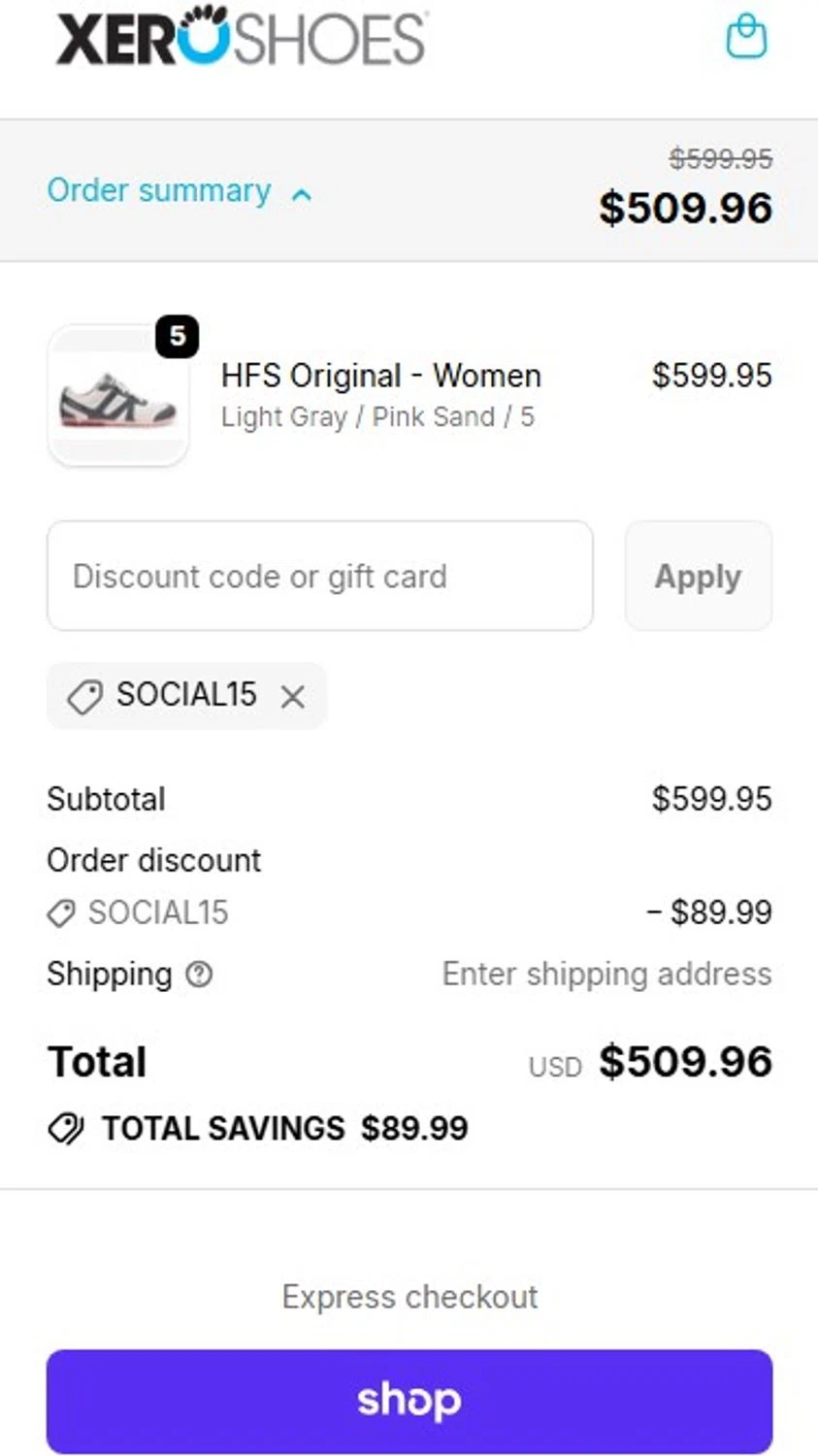 Xero Shoes promo code screenshot showing code SOCIAL15 applied at Xero Shoes checkout page. Uploaded by SimplyCodes community member RonaldoM32 on Jan 2, 2026