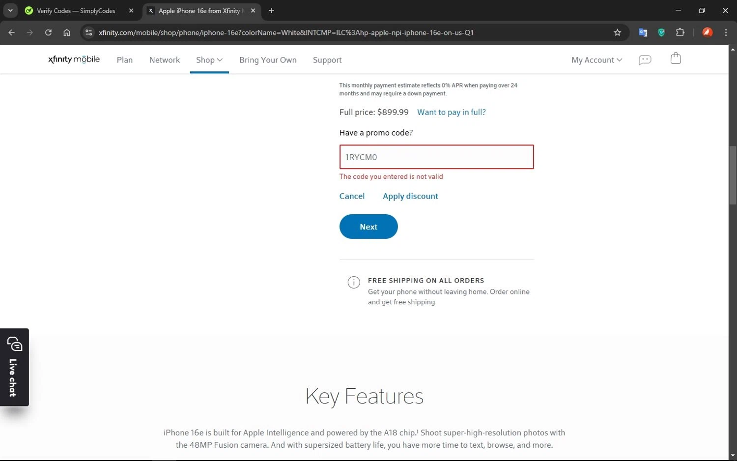 Xfinity Mobile promo code screenshot showing code 1RYCM0 applied at Xfinity Mobile checkout page. Uploaded by SimplyCodes community member VoucherShopper1452 on Mar 5, 2025