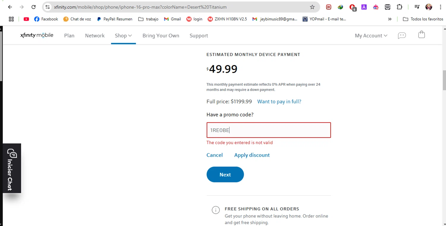 Xfinity Mobile promo code screenshot showing code 1RE0BE applied at Xfinity Mobile checkout page. Uploaded by SimplyCodes community member luislopez669902715 on Feb 28, 2025