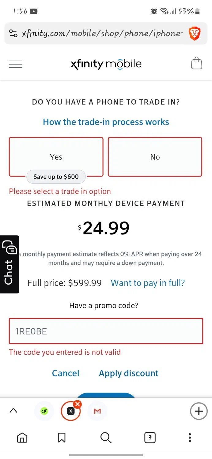Xfinity Mobile promo code screenshot showing code 1RE0BE applied at Xfinity Mobile checkout page. Uploaded by SimplyCodes community member GoldLynx7797 on Feb 28, 2025