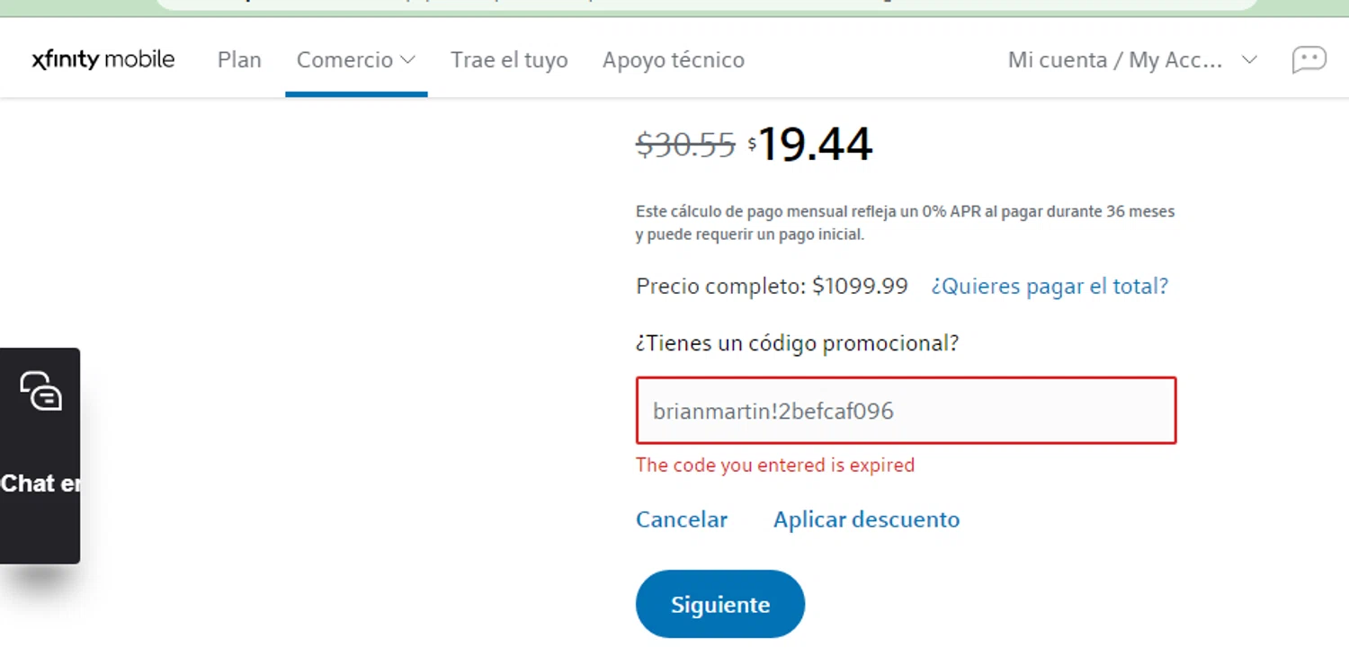 Xfinity Mobile promo code screenshot showing code brianmartin!2befcaf096 applied at Xfinity Mobile checkout page. Uploaded by SimplyCodes community member CURTIS on Feb 10, 2026