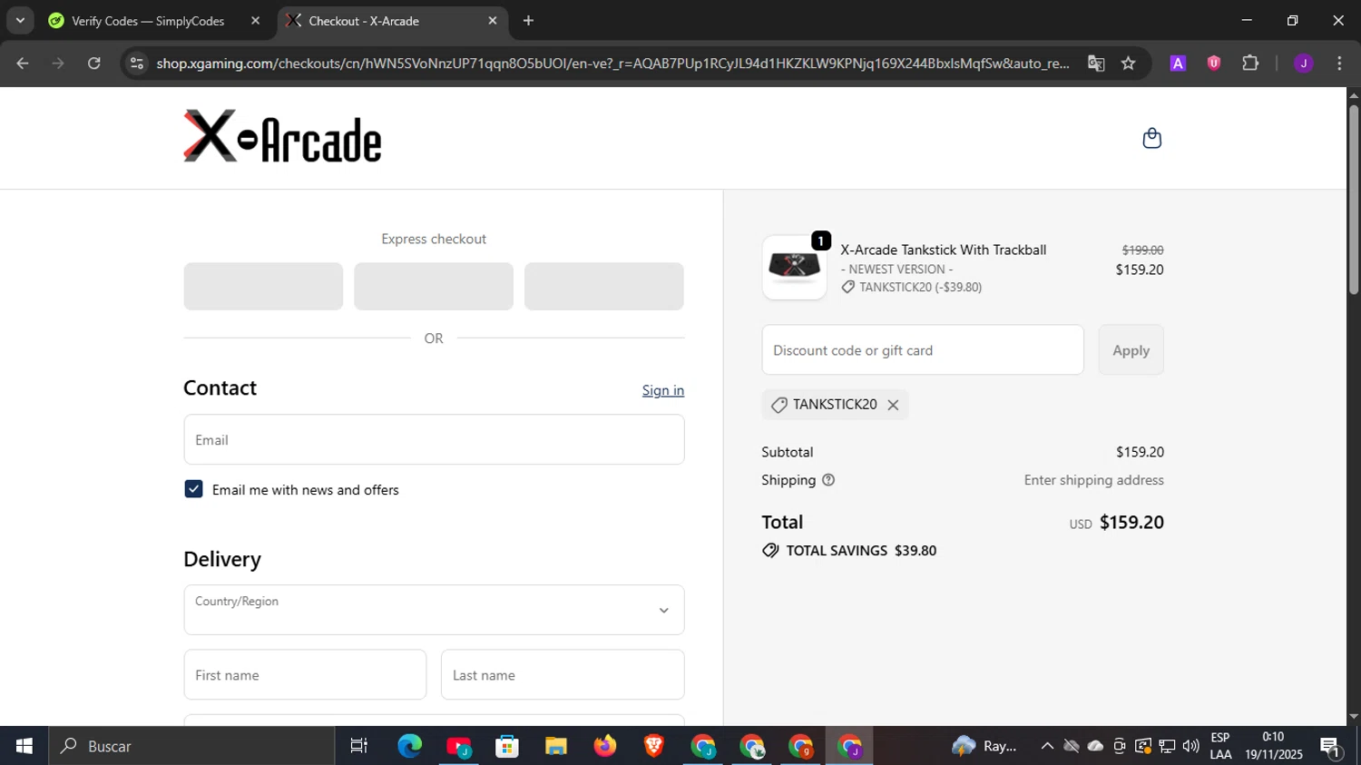 XGaming promo code screenshot showing code TANKSTICK20 applied at XGaming checkout page. Uploaded by SimplyCodes community member DiscountLegend6670 on Nov 19, 2025