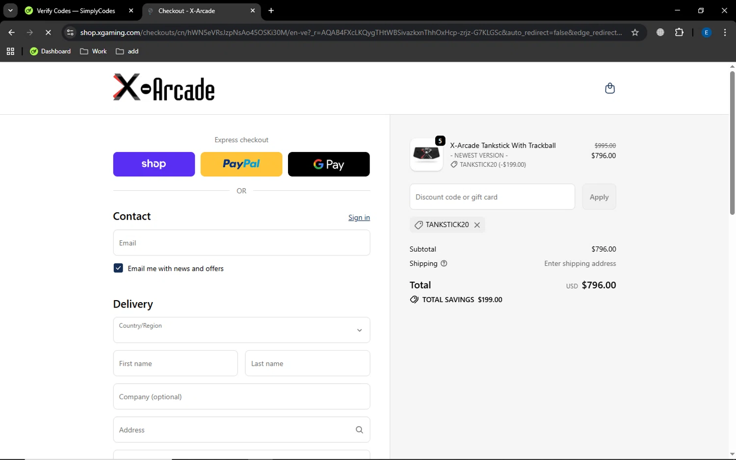 XGaming promo code screenshot showing code TANKSTICK20 applied at XGaming checkout page. Uploaded by SimplyCodes community member MoneyGenius452 on Nov 24, 2025