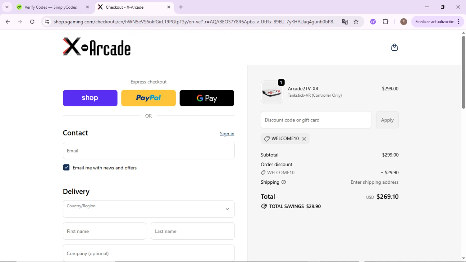 XGaming promo code screenshot showing code WELCOME10 applied at XGaming checkout page. Uploaded by SimplyCodes community member CashLion2660 on Nov 24, 2025