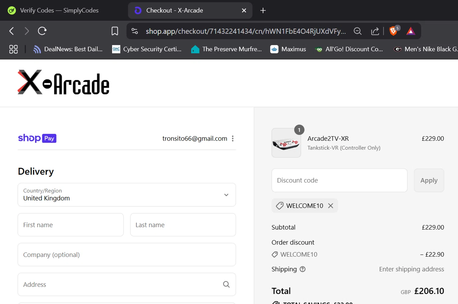 XGaming promo code screenshot showing code WELCOME10 applied at XGaming checkout page. Uploaded by SimplyCodes community member DORIANGEL on Jul 31, 2025