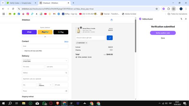 Xhibition checkout page showing Xhibition promo code box | Screenshot taken by SimplyCodes community member on Sep 10, 2025