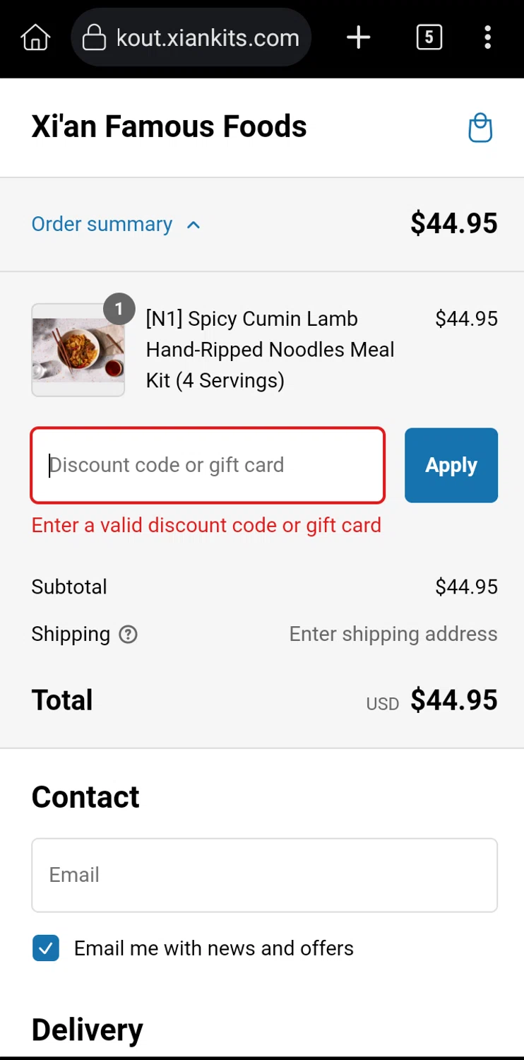 Xi'an Famous Foods discount code screenshot showing code AAPI10 applied at Xi'an Famous Foods checkout page. Uploaded by SimplyCodes community member Enmanuel17 on Jan 2, 2025