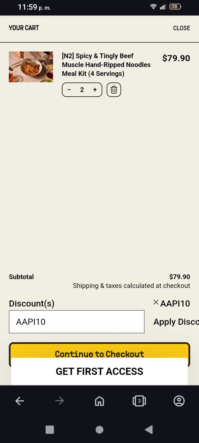 Xi'an Famous Foods discount code screenshot showing code AAPI10 applied at Xi'an Famous Foods checkout page. Uploaded by SimplyCodes community member Holland on Jan 2, 2025