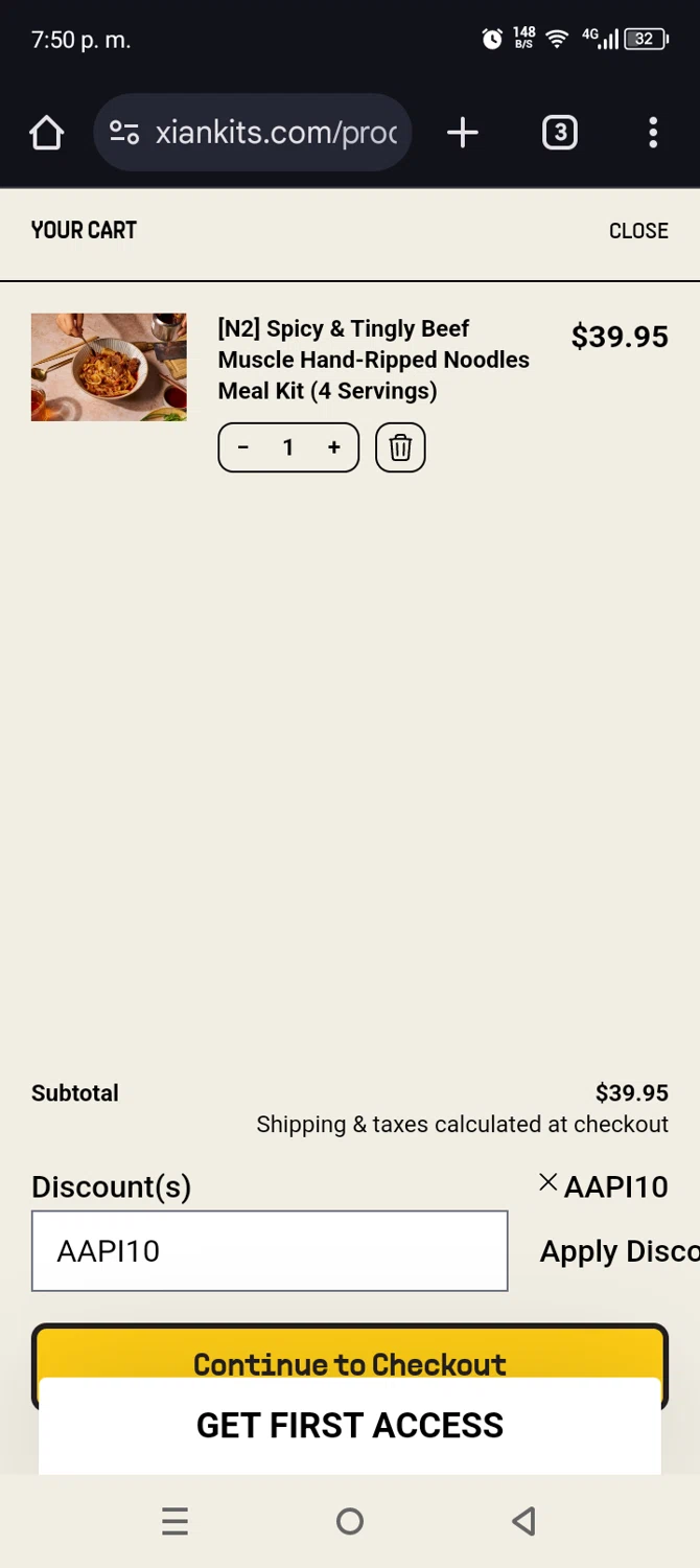 Xi'an Famous Foods checkout page showing Xi'an Famous Foods discount code box | Screenshot taken by SimplyCodes community member on Jan 1, 2025