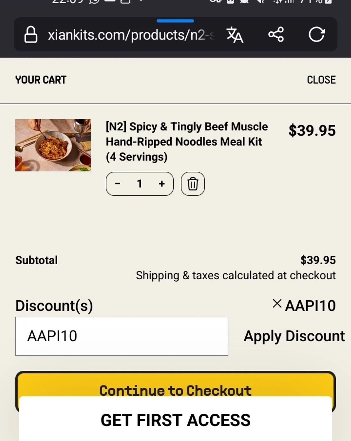 Xi'an Famous Foods discount code screenshot showing code AAPI10 applied at Xi'an Famous Foods checkout page. Uploaded by SimplyCodes community member Sukuna_ on Jan 2, 2025