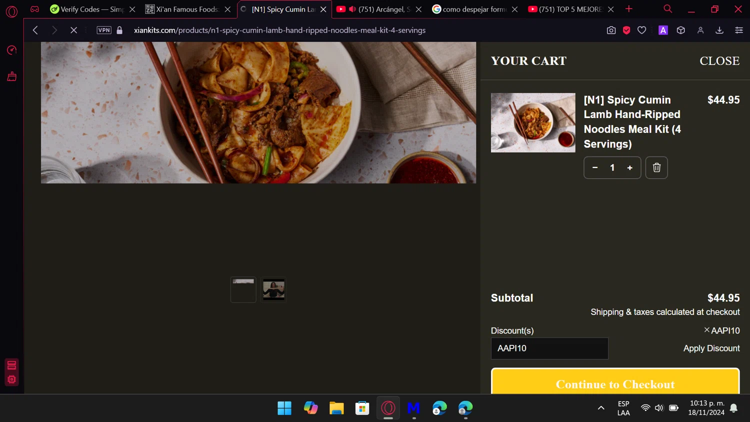 Xi'an Famous Foods checkout page showing Xi'an Famous Foods discount code box | Screenshot taken by SimplyCodes community member on Nov 19, 2024