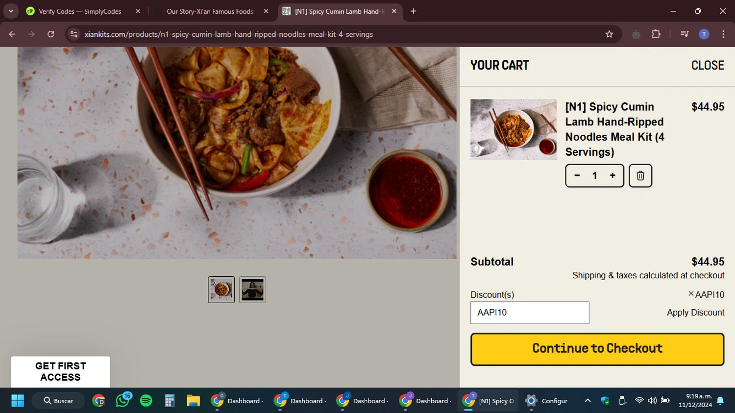 Xi'an Famous Foods checkout page showing Xi'an Famous Foods discount code box | Screenshot taken by SimplyCodes community member on Dec 11, 2024