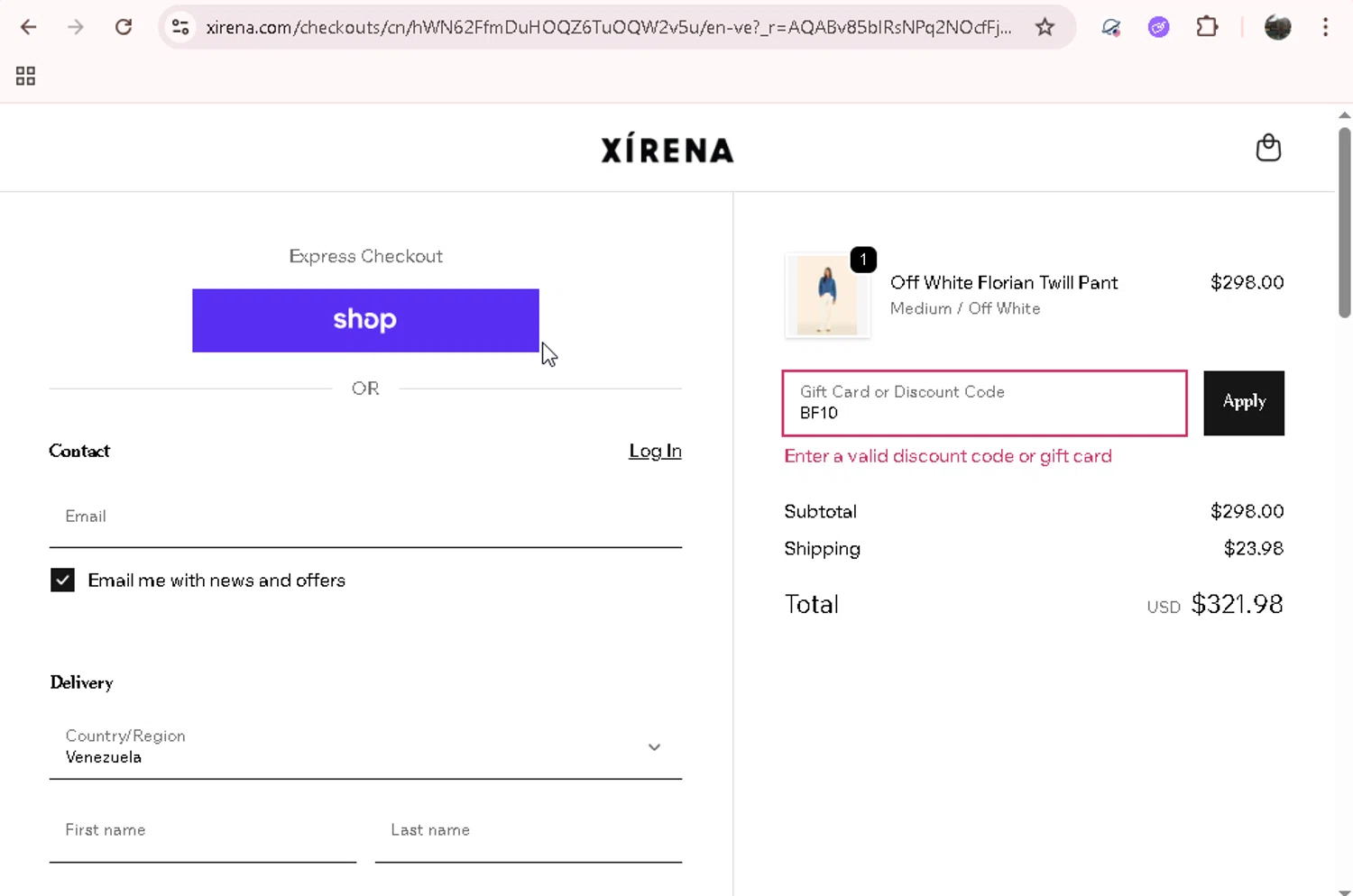 XiRENA promo code screenshot showing code BF10 applied at XiRENA checkout page. Uploaded by SimplyCodes community member Jesusvasquezzz on Dec 4, 2025