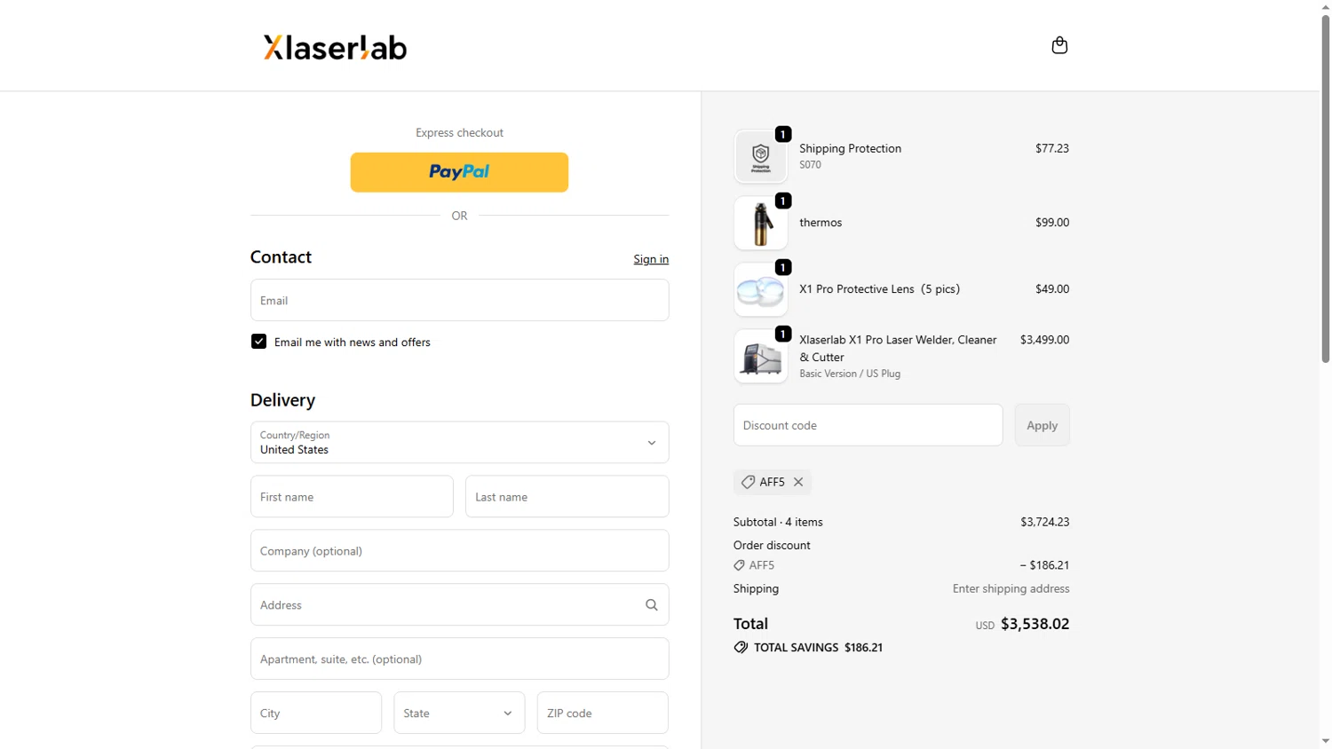 Xlaserlab promo code screenshot showing code AFF5 applied at Xlaserlab checkout page. Uploaded by SimplyCodes community member 5000krick on Dec 16, 2025