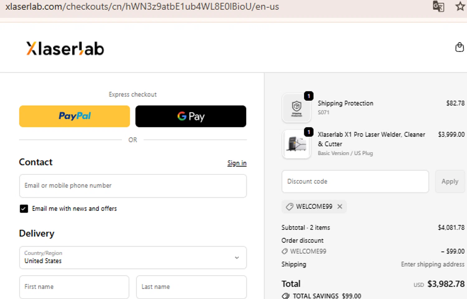 Xlaserlab promo code screenshot showing code WELCOME99 applied at Xlaserlab checkout page. Uploaded by SimplyCodes community member BudgetLion5814 on Oct 11, 2025
