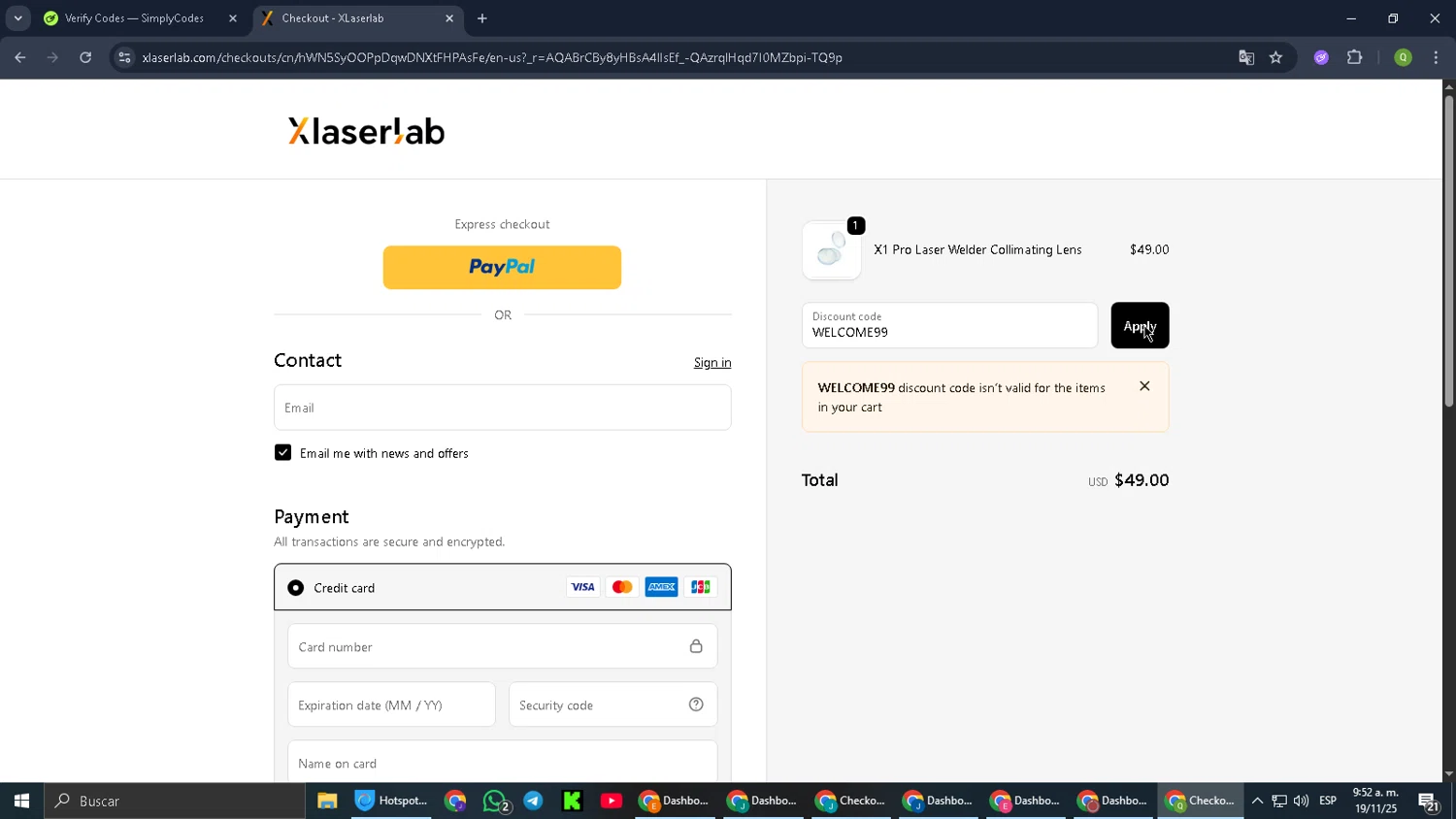 Xlaserlab promo code screenshot showing code WELCOME99 applied at Xlaserlab checkout page. Uploaded by SimplyCodes community member Cynoxx on Nov 19, 2025