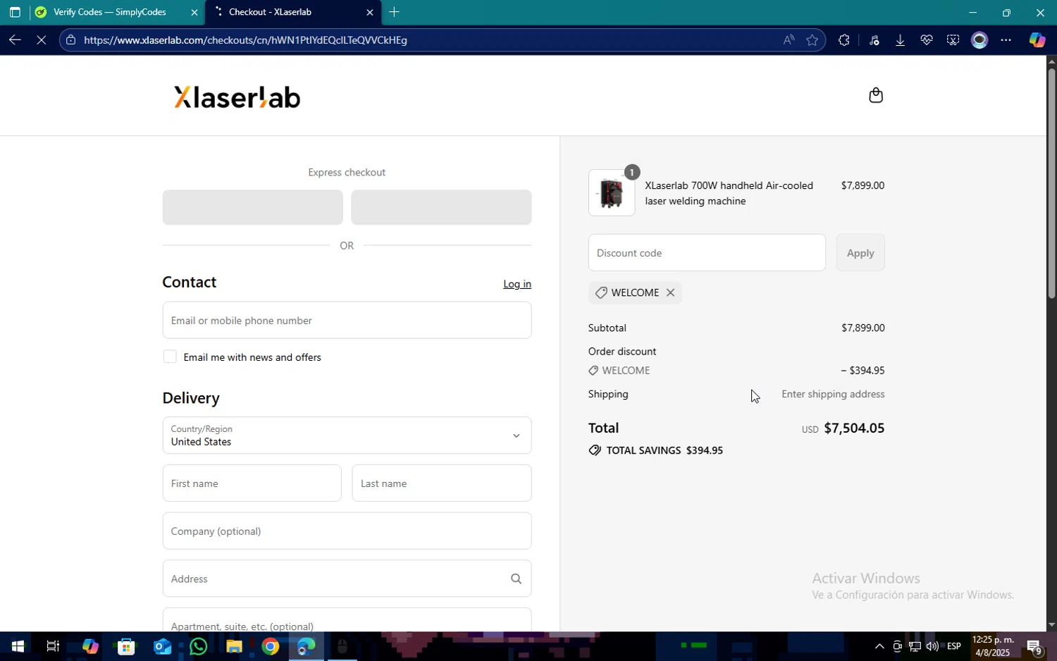 Xlaserlab promo code screenshot showing code WELCOME applied at Xlaserlab checkout page. Uploaded by SimplyCodes community member SOPACONPAN on Aug 4, 2025