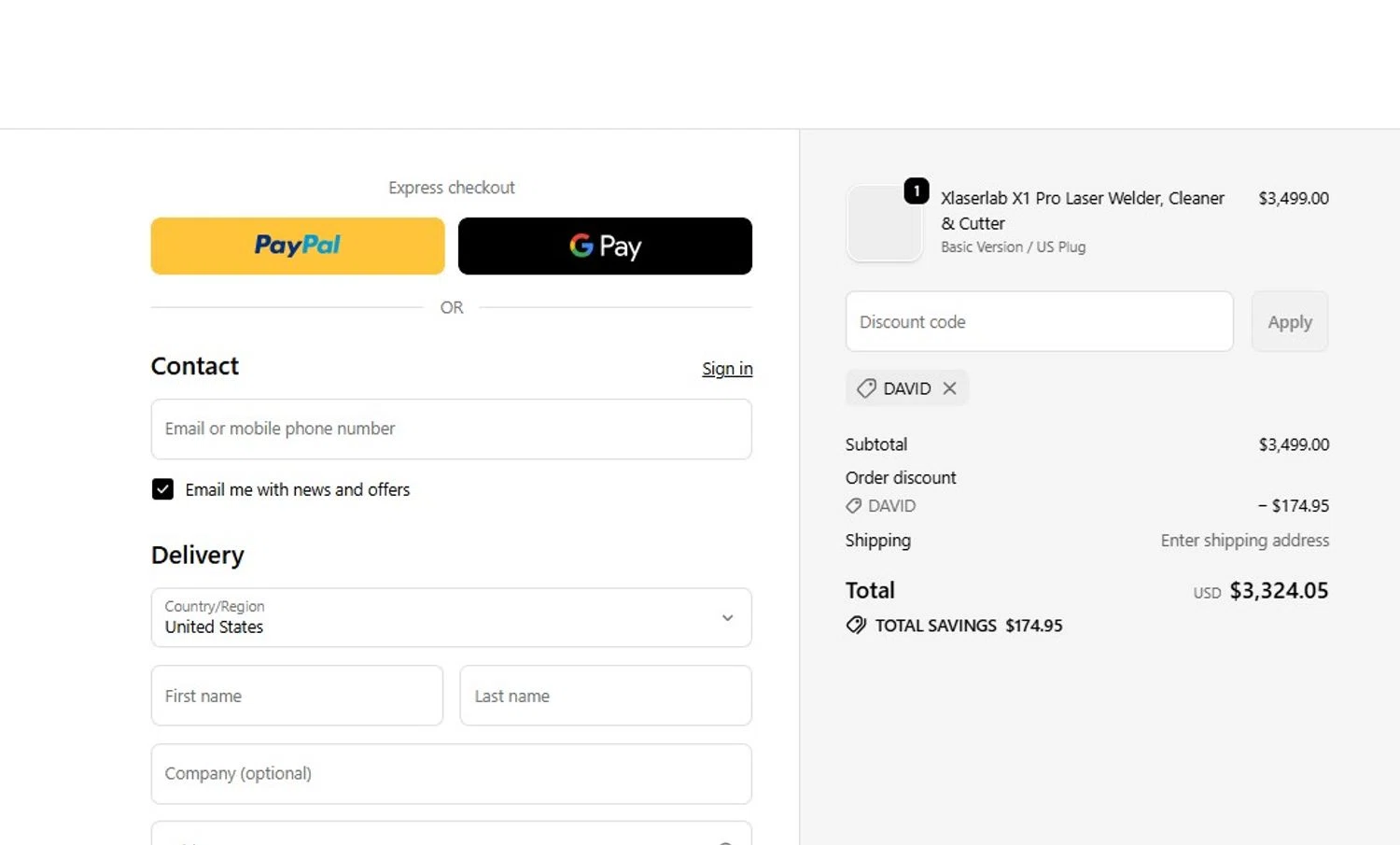 Xlaserlab promo code screenshot showing code DAVID applied at Xlaserlab checkout page. Uploaded by SimplyCodes community member MagnificentCollector7829 on Oct 18, 2025